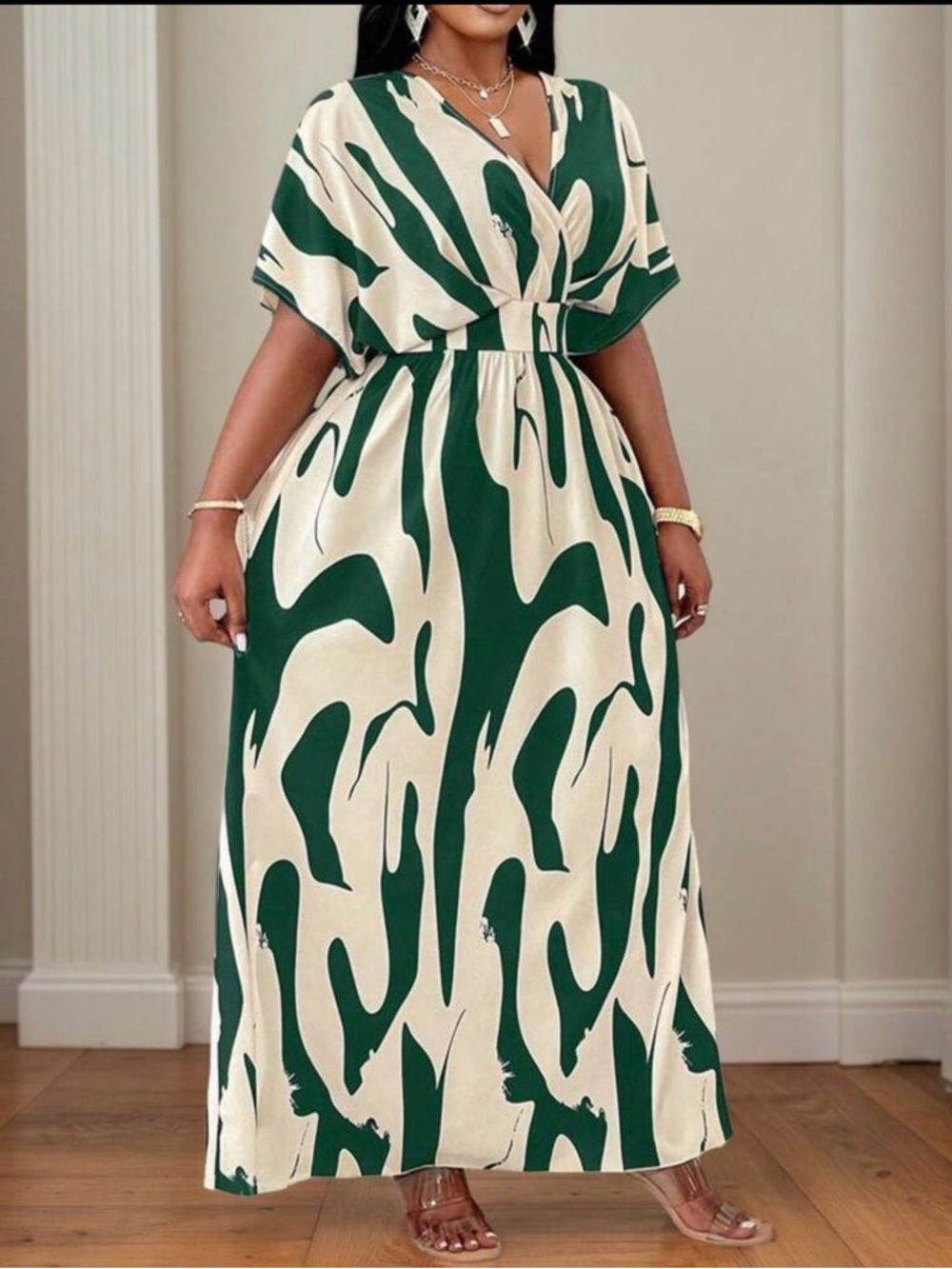 SHEIN Green and Cream Abstract Wrap Maxi Dress